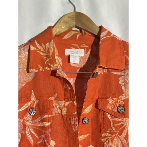 Cynthia Rowley Orange Floral 100% Linen Jacket Sz M Colorful Lightweight Pockets - Picture 3 of 10